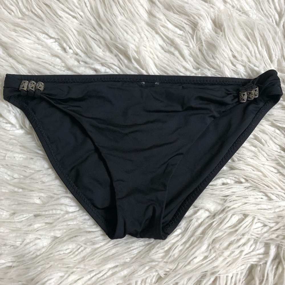 BECCA Rebecca Virtue Brass Floral Beaded Black Hipster Bikini Bottoms EUC Size S